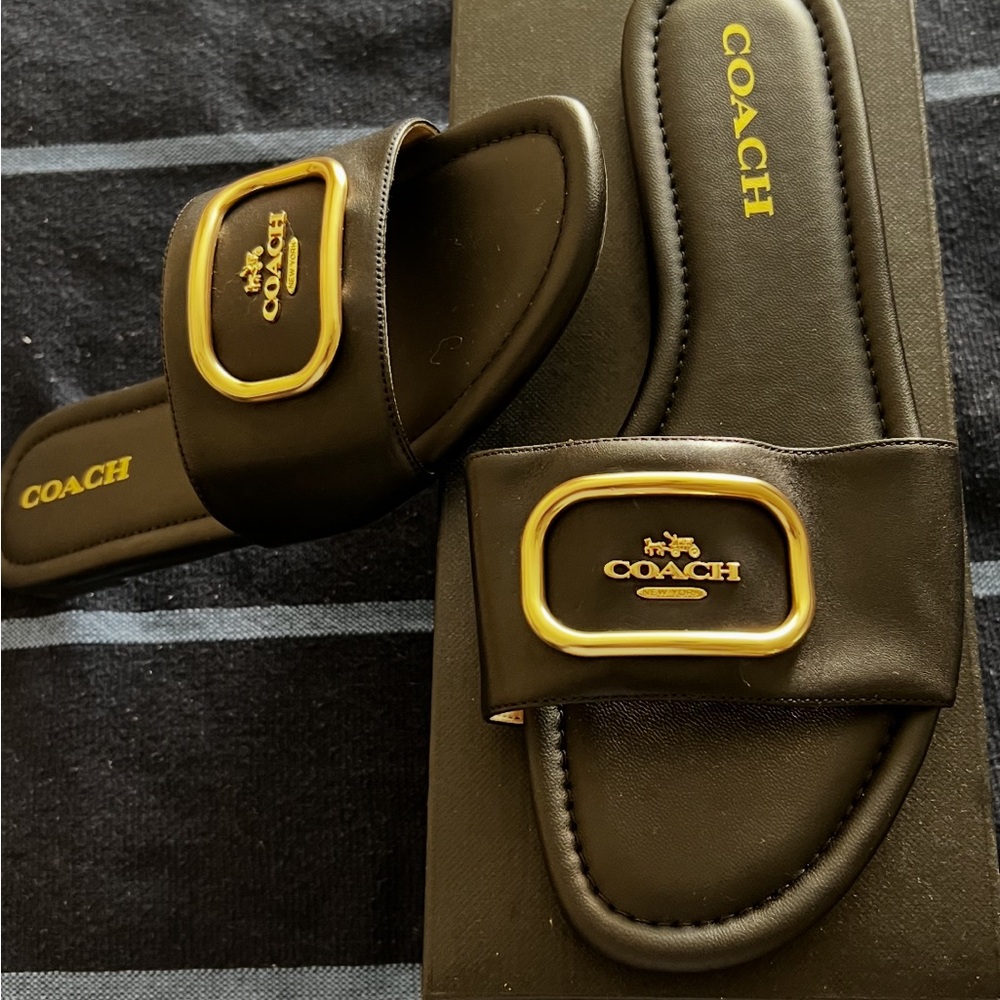 Coach Black Leather Sandals with Gold Details